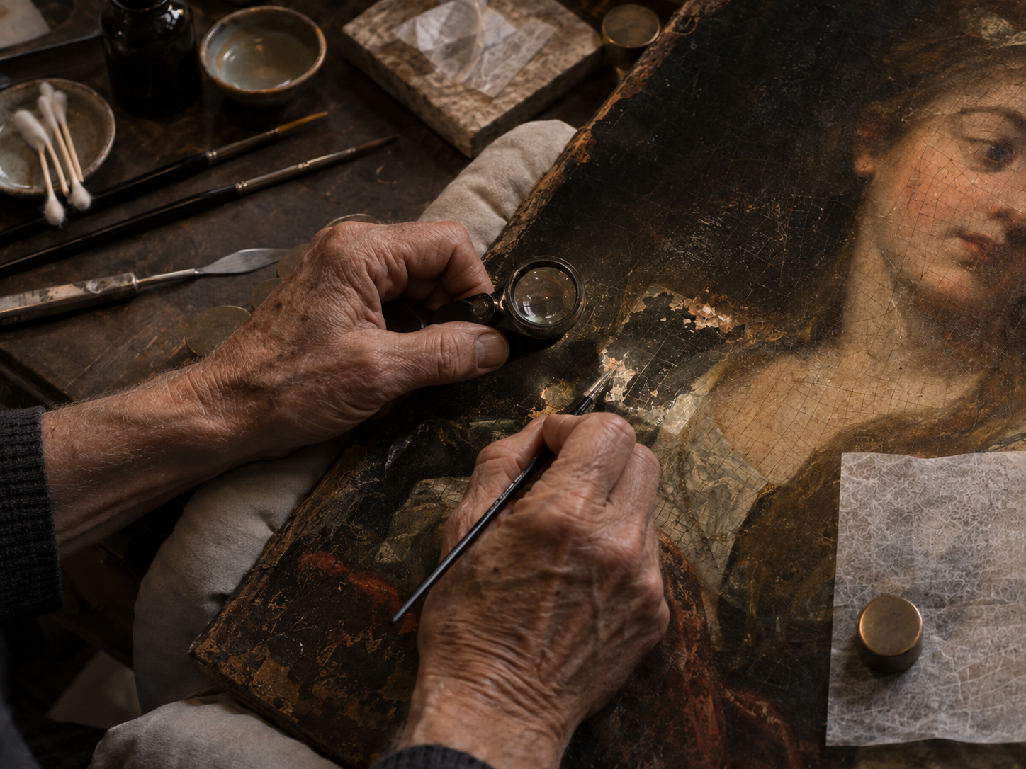 Fine-art conservator’s hands performing intricate treatment on a damaged antique oil portrait