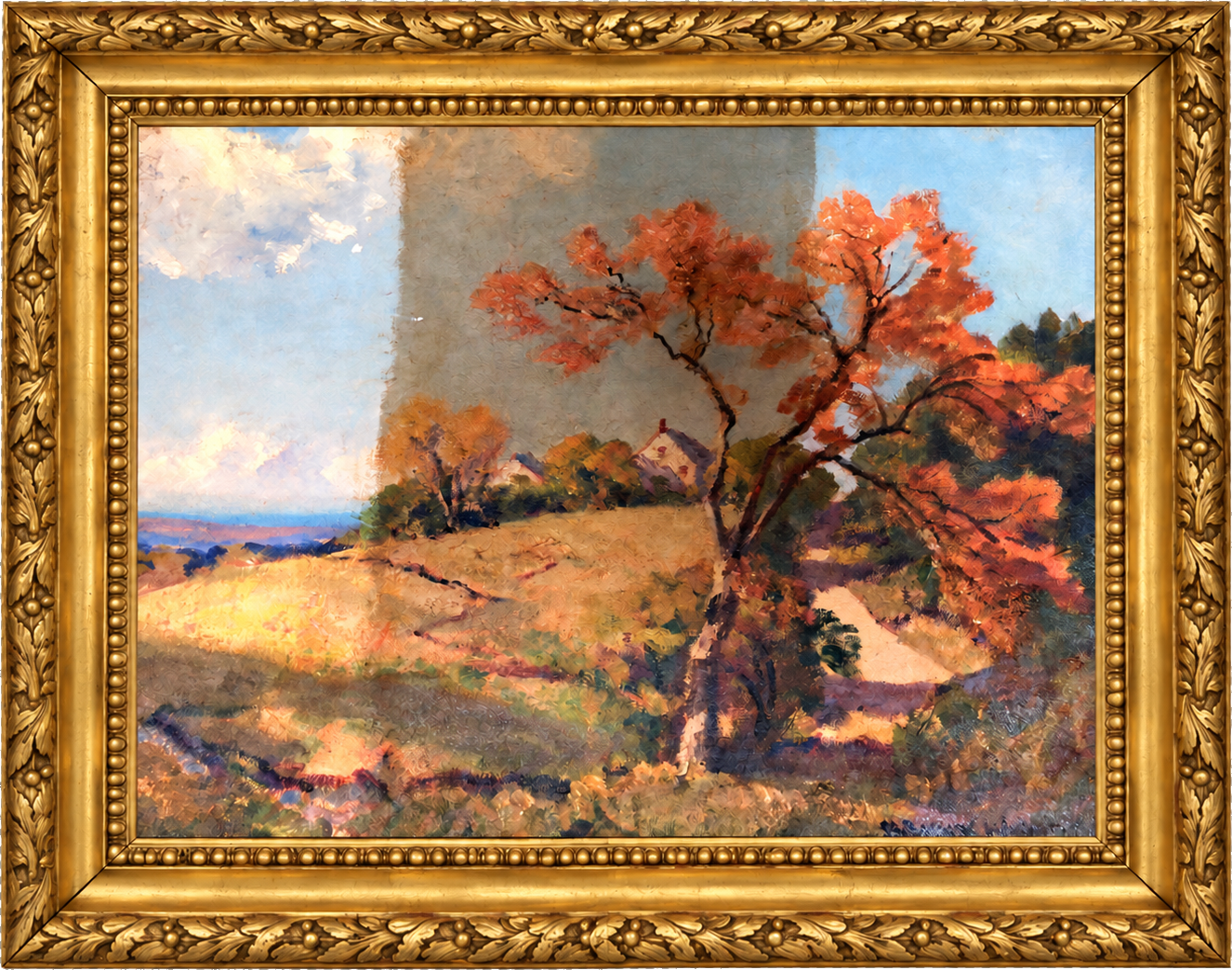 Landscape painting during cleaning in a complete Georgian gilt frame