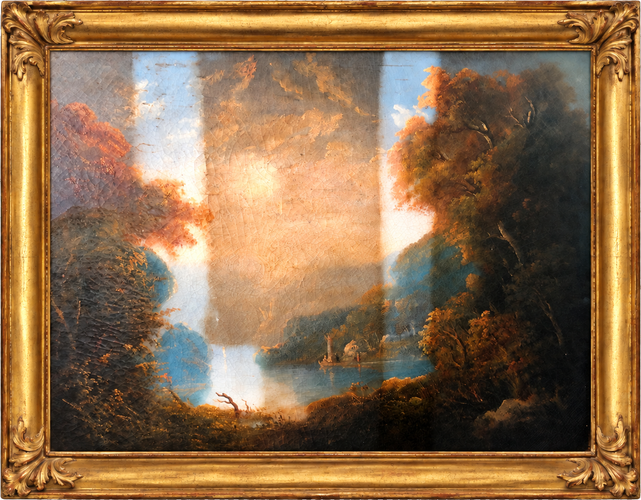 Landscape painting with cleaning test areas in a complete gilt period frame