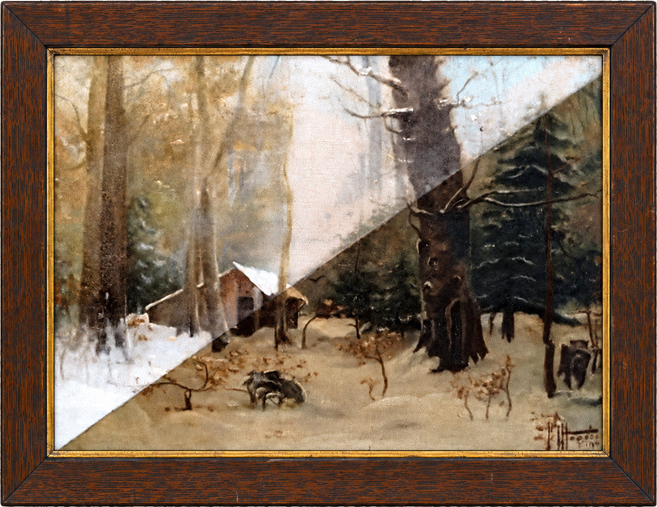 Winter woodland painting during cleaning in a complete Arts and Crafts frame